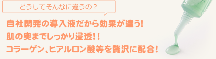 自社開発の導入液だから効果が違う！肌の奥までしっかり浸透！！コラーゲン、ヒアルロン酸等を贅沢に配合！